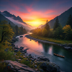A serene river winds through a lush mountain valley during a vibrant, colorful sunset with a small boat floating on the water.