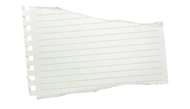 notebook paper with torn edges stuck on transparent background.