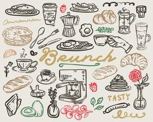 Brunch menu - vector hand drawn whimsical illustrations set