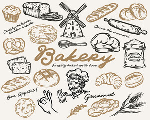 Bakery whimsical hand-drawn vector illustration  set