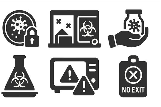 Zombie Cell Containment Icons. Solid style icons of zombie cell containment: locked petri dish icon, quarantine lab room,