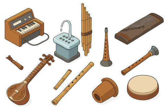 Rare Musical Instruments. Isometric vector illustration set of Rare musical instruments: ondes Martenot, khene pipes, guqin zither