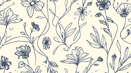 Naklejka premium seamless floral pattern with flowers - Modern Abstract Botanical Line Art Hand Drawn Seamless Pattern Minimalist Floral