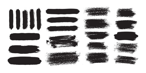 black grunge paint brush stroke set with textured ink lines and dry rough edges isolated on white background