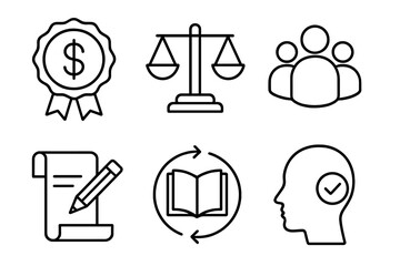 OER Benefits Icons. Line style icons of benefits of OER: cost-saving badge, equitable access scale, inclusive learning icon,