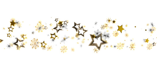 Elegant golden stars and snowflakes border on a white backdrop, perfect for holiday greetings, celebrations, or party designs. Create a beautifu