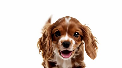 A Cavalier King Charles Spaniel proudly sits on a crisp white surface capturing the loyal companionship and joyful relationships concept perfect for conveying warmth comfort trust and making it.