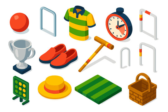 Croquet Essentials Icons. Isometric vector illustration set ball, goalpost, jersey, timer, trophy, shoes: croquet ball, croquet