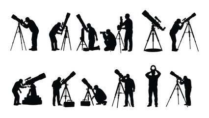 People using telescopes silhouettes isolated on transparent background, Vector