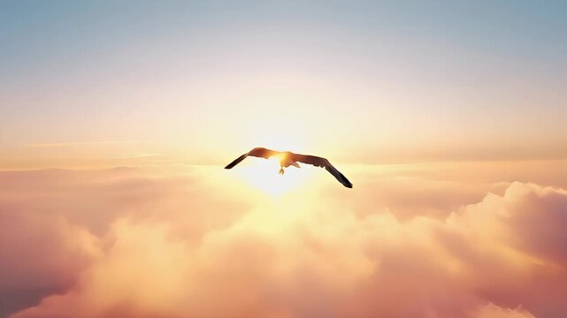 A vivid portrayal of a bird in flight against a backdrop of a sunset sky. The bird, possibly an eagle, is captured in a side profile, with its wings spread wide.