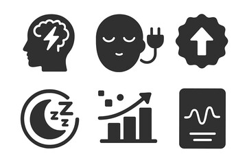 Neural Sleep Icons. Solid style icons of neural enhancement in sleep: brain boost glyph, sleep plug-in icon, upgrade badge.