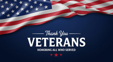 Thank you veterans message with waving american flag on blue background and honoring all who served text