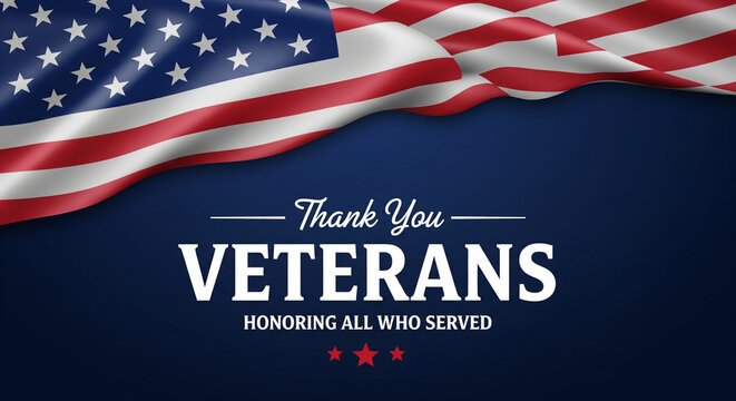 Thank you veterans message with waving american flag on blue background and honoring all who served text