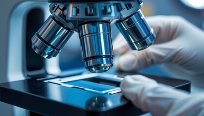 Close up of researcher's microscope work in laboratory scientific exploration high-tech environment detailed view