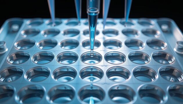 Close up view of a pipetting process in a science lab laboratory experiment detailed analysis environment