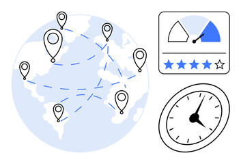 Fototapeta premium Globe with location markers connected by dotted lines, dashboard control showing performance, and speedometer. Ideal for logistics, communication, collaboration, performance, technology, efficiency