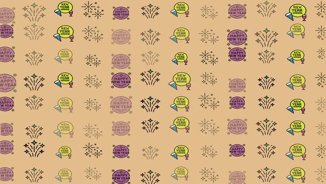 Seamless New Year 2026 pattern with balloons, fireworks, and confetti on beige background. Festive and cheerful celebration wallpaper.
