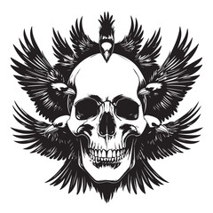 Fototapeta premium Intricate black and white illustration of a human skull surrounded by a flock of spreading raven wings and birds