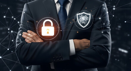 Cybersecurity shield with lock icon for data protection and secure access on a man's suit background