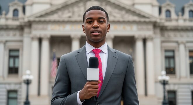Young Black male journalist reporting with a microphone. Professional news reporter speaking in front of a government building