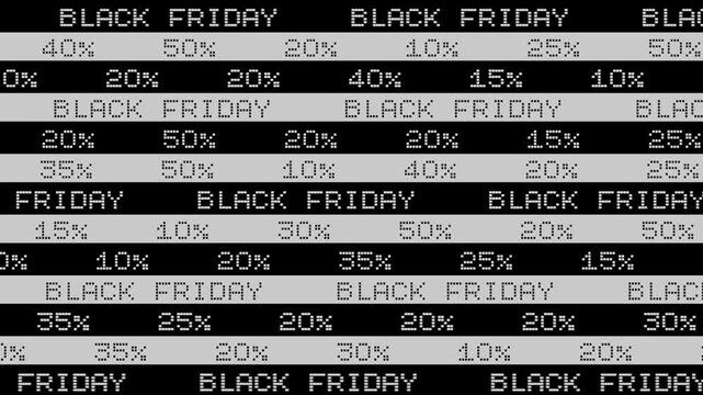 Black Friday ticker, sales banner, percentage sign. Marketing, discount, retail, shopping event, low prices, commercial sign. 
