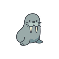 Cute Walrus Icon – Kawaii Arctic Animal Flat Vector Illustration for Ocean, Wildlife, and Kids Design