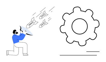 Person holding shield blocks incoming DDoS threats illustrated as missiles approaching a gear. Ideal for cybersecurity, protection, defense, technology, IT security, risk management, simple flat