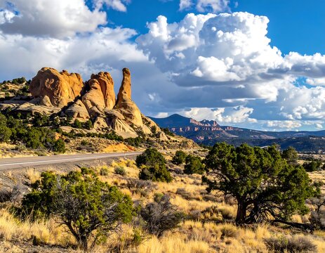 Scenic road winds through arid landscape towards rocky formations and distant mountains