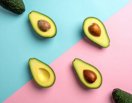 Fresh avocado halves arranged on a colorful pink and blue background