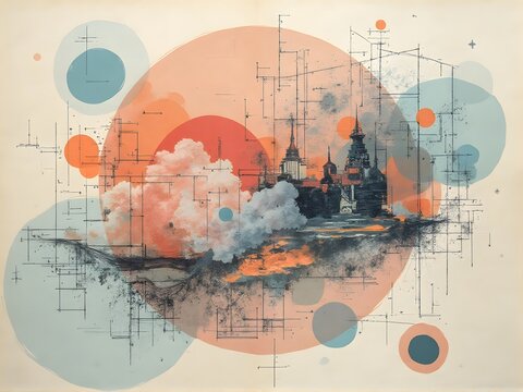 A vintage blueprint of a digital global circuit map, illustrating business communication and construction technology on a grunge paper texture wallpaper backdrop