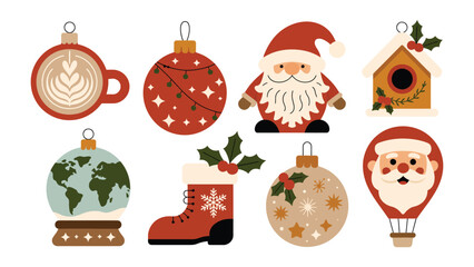 Festive Ornaments Collection: A delightful arrangement of Christmas ornaments, capturing the spirit of the holiday season. The festive collection includes a latte art mug, a decorated globe.