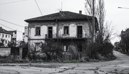 A dilapidated and abandoned two-story house on a cracked street corner.