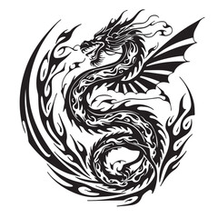 Obraz premium Intricate black and white tribal dragon illustration with fiery swirls in a circular design