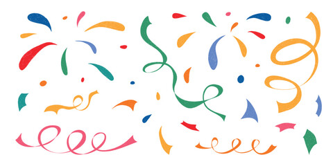 Hand drawn confetti set. Crayon sparkle icons, fireworks, twinkle spirals, doodle chalk shapes for childish birthday, carnival, kid holiday, Christmas, weeding. Grunge Isolated vector illustration.