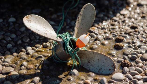 Old metal propeller resting on pebbles near tranquil water at sunrise Generative AI