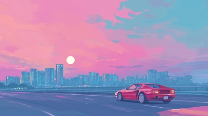 Classic Red Sports Car on a Highway to a Vaporwave City