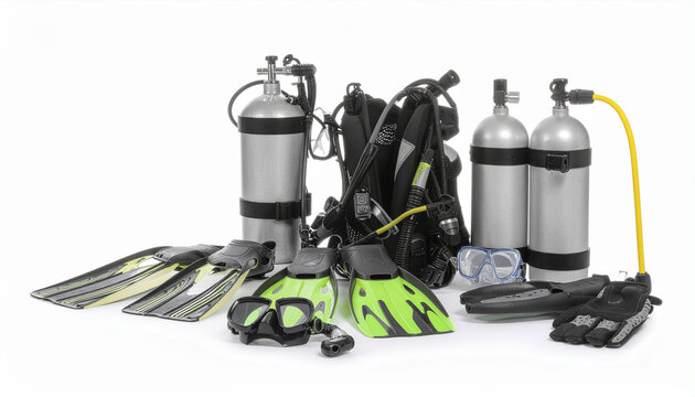Collection of scuba diving equipment including tanks, fins, mask, and regulator for underwater exploration and adventure