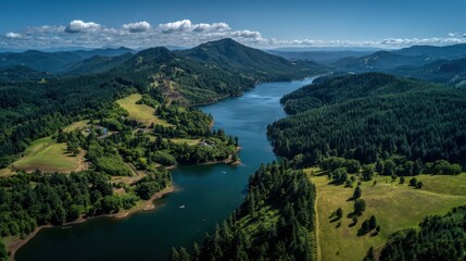 Obraz premium Washington County Oregon: Aerial View of Henry Hagg Lake, a Popular Summer Destination for Boating and Picnicking