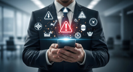 Businessman receives important alerts on his mobile phone with digital warning icons floating above