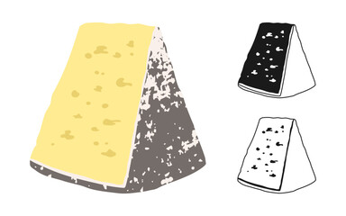 Cheese simple stylized symbol set. French or Italian food grungy illustration. A piece of cheese linear doodle icon. Vector fun grained colorful hand drawn design for food or dairy projects