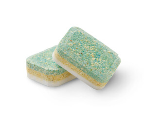 Three-layer dishwasher tablets isolated on transparent background
