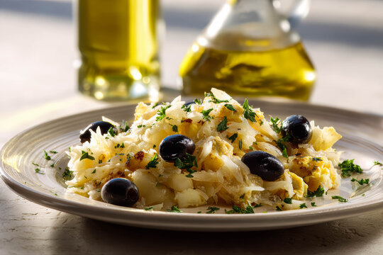 Authentic Bacalhau &agrave; Br&aacute;s Portuguese Dish Made With Shredded Cod, Fried Potatoes, Eggs, Parsley, And Black Olives. Traditional Bacalhau &agrave; Br&aacute;s