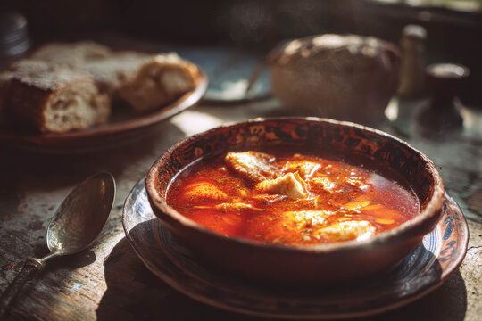 Food Dish Photo of Hal&aacute;szl&eacute;, Spicy Hungarian Fish Soup with Paprika and Fresh Herbs. Paprika Fish Stew