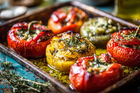 Delicious Gemista, Greek Stuffed Tomatoes and Peppers with Rice, Herbs, and Olive Oil, Oven-Baked to Perfection. Greek Stuffed Peppers and Tomatoes