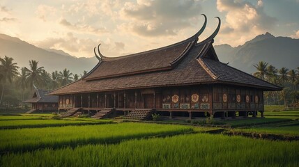 Minangkabau Rumah Gadang, unique Indonesian traditional house, nestled in green rice fields with mountains under a golden sky, embodying rich heritage