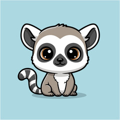 Cute cartoon lemur with big eyes and a striped tail sits on a blue background