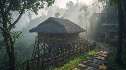 Serene Bamboo Hut Nestled Amidst Lush Greenery and Misty Fog