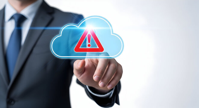 Businessman's hand touching a cloud icon with a warning symbol, representing cloud computing security or data breach alerts