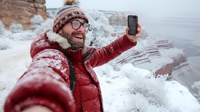 A man in a red jacket and hat takes a selfie amidst a snowy landscape with a smartphone.