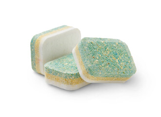 Three-layer dishwasher tablets isolated on transparent background